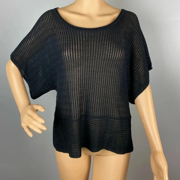 Eileen Fisher Women's Small Black Semi-Sheer Knit Sweater Short Sleeve - Picture 1 of 7